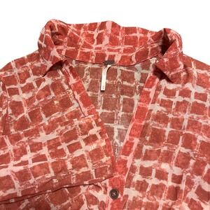 Free People Sheer Button Front Long Sleeve Shirt Top Coral White Geo Print M
